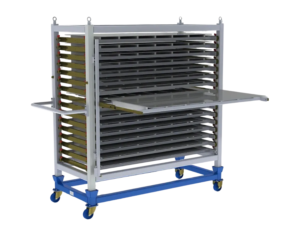 Fächerwagen mit horizontalen Schubfächern für Glasscheiben – TOSOMA Maschinenbau