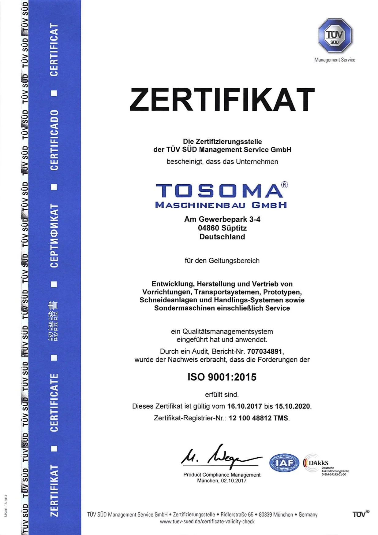 ISO 9001 Zertifikat 2017–2020 – TOSOMA Maschinenbau GmbH, TÜV SÜD