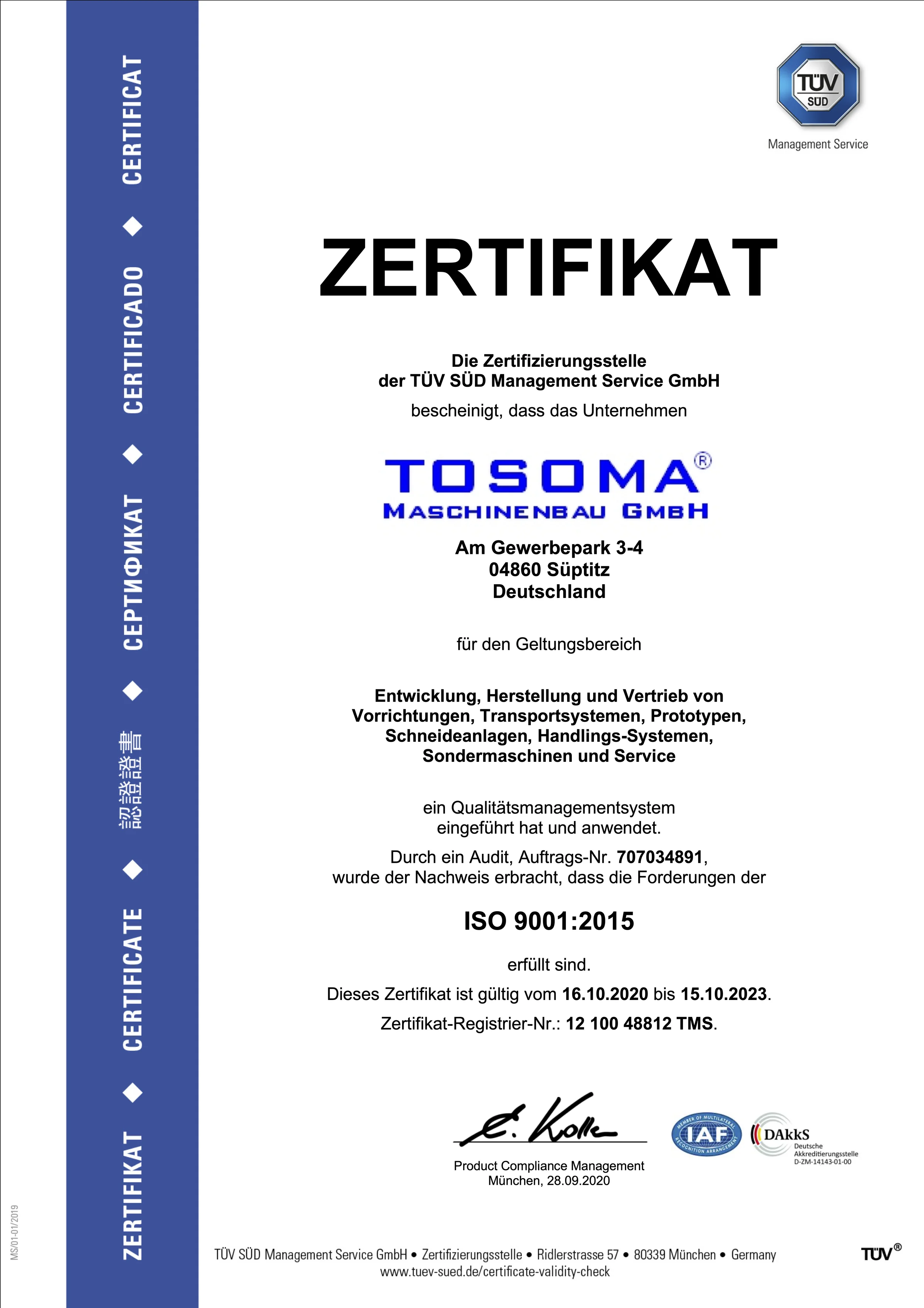 ISO 9001 Zertifikat 2020–2023 – TOSOMA Maschinenbau GmbH, TÜV SÜD