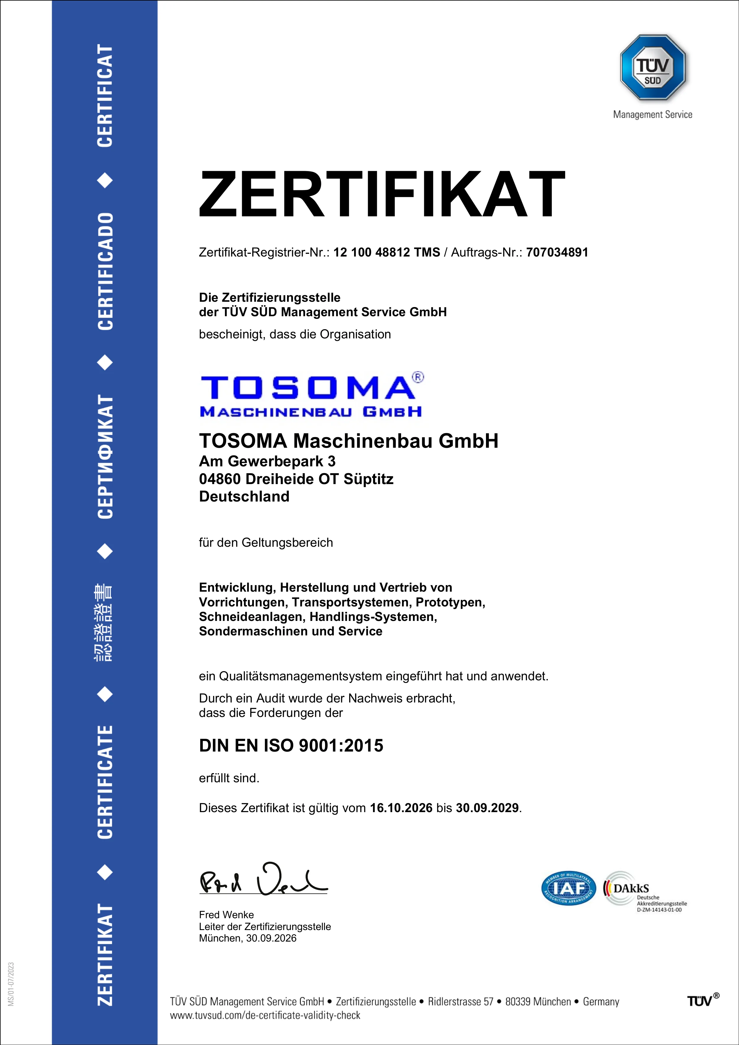 ISO 9001 Zertifikat 2026-2029 - TOSOMA Maschinenbau GmbH, TÜV SÜD